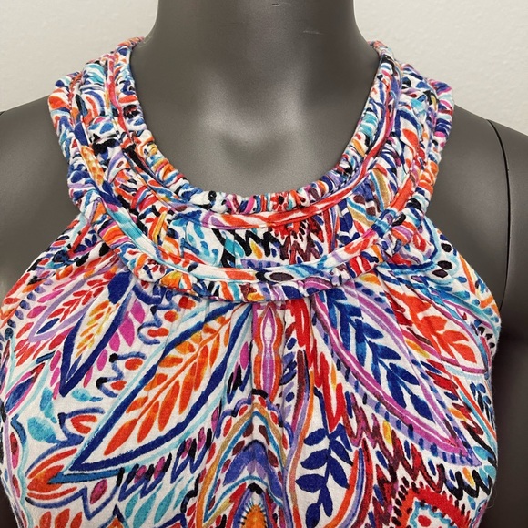 Cupio Dress L Colorful White Leaf Print Viscose High Neck Summer Knee Length - Picture 7 of 9